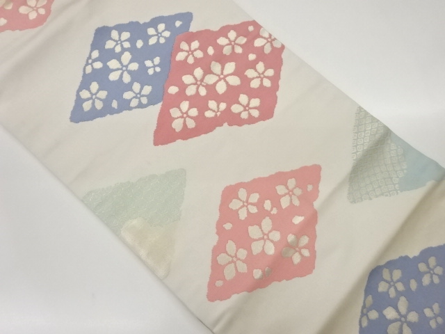 菱に亀甲・花々模様織出し名古屋帯